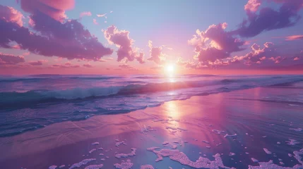 Wandaufkleber sunset on the beach with vaporwave tone color, suitable for wallpaper, posters, etc. Generative AI © wellyans