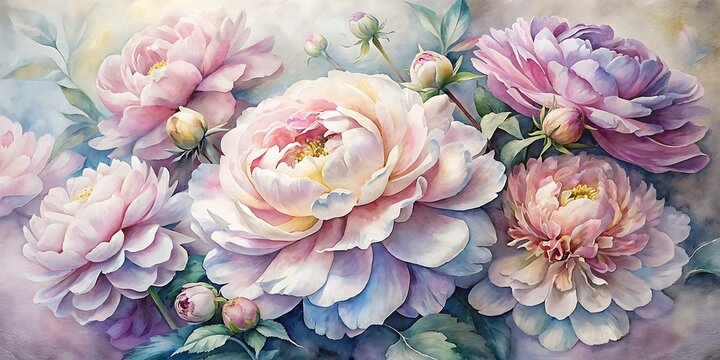 Beautiful Peonies painted with watercolor, Peonies Watercolor, Spring Watercolor flowers, Spring Background