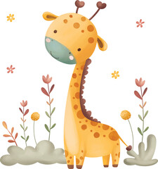 Watercolor Illustration Giraffe and Leaves