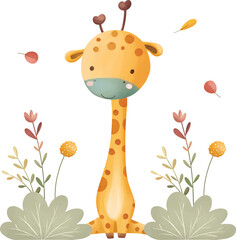 Watercolor Illustration Giraffe and Leaves