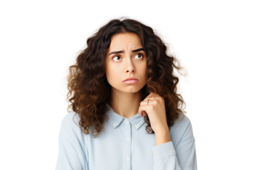 A young woman was worried about the risks of investing. Serious atmosphere needs reassurance. Isolated on transparent background.