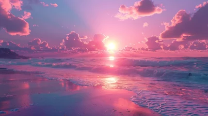 Kissenbezug sunset on the beach with vaporwave tone color, suitable for wallpaper, posters, etc. Generative AI © wellyans