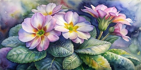 Beautiful Primroses painted with watercolor, Primroses Watercolor, Spring Watercolor flowers, Spring Background - obrazy, fototapety, plakaty