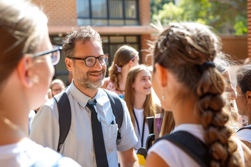  In a sun-drenched school courtyard, a teacher imparts wisdom to eager students, their faces radiant with the joy of understanding. - obrazy, fototapety, plakaty