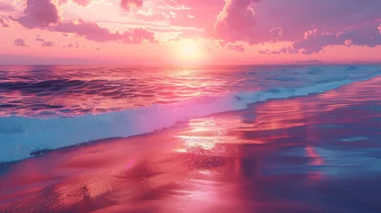 Zelfklevend Fotobehang sunset on the beach with vaporwave tone color, suitable for wallpaper, posters, etc. Generative AI © wellyans