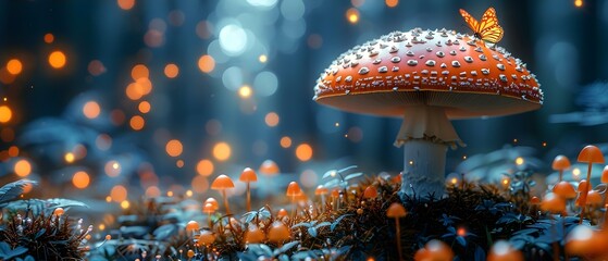 Enchanted forest with magical mushrooms butterflies moon and glowing fly agarics. Concept Enchanted Forest, Magical Mushrooms, Butterflies, Moonlit Scenes, Glowing Fly Agarics - obrazy, fototapety, plakaty