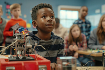 In a classroom, a young inventor presents a contraption invented gadget, sparking curiosity and igniting imaginations. - obrazy, fototapety, plakaty