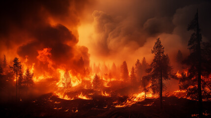 Flames engulf the forest. A raging wildfire engulfing a forest