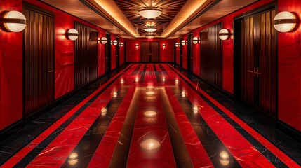 Luxurious Hotel Corridor with Red and Black Marble Flooring