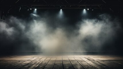 Dark background spotlight on empty studio room. Empty  studio room with smoke float up interior texture for display products  background.