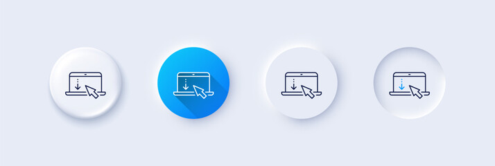 Scroll down laptop line icon. Neumorphic, Blue gradient, 3d pin buttons. Scrolling screen sign. Swipe page. Line icons. Neumorphic buttons with outline signs. Vector