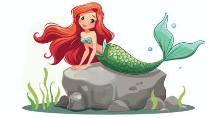 Cute mermaid with red hair and green tail sitting on s