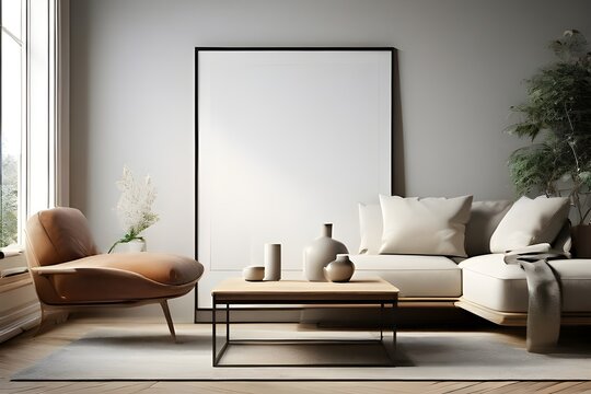 A modern living room with a white sofa, a chair, a coffee table, and a large empty picture frame on the wall.