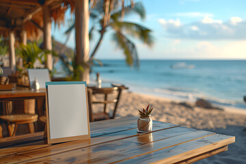Blank menu frame on a wooden table in a beach bar restaurant. Mockup for display of design. Summer vacation and dining concept with copy space. Close-up with a blurred background