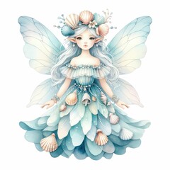 Sea fairy with seashell accessories. watercolor illustration, Perfect for nursery art, sea and ocean animals, underwater plants. Fairy tale characters. white background.