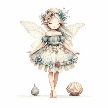 Sea fairy with seashell accessories. watercolor illustration, Perfect for nursery art, sea and ocean animals, underwater plants. Fairy tale characters. white background.