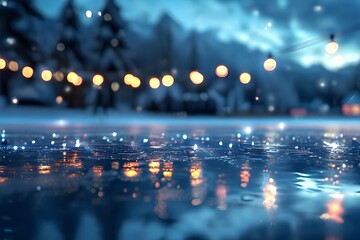  a snowy night in a forest. The ground is covered in snow, and there are street lights in the background illuminating the scene. The focus of the image is a puddle of water reflecting the lights, crea - obrazy, fototapety, plakaty