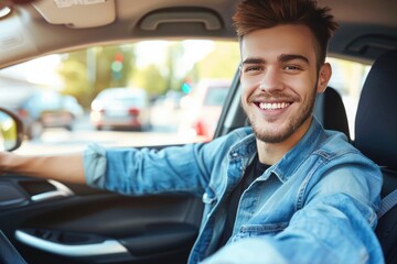 Handsome young man is driving a car and smiling driving a car with a clear view of the city through...