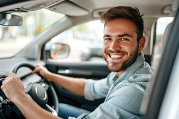 Obraz premium Handsome young man is driving a car and smiling driving a car with a clear view of the city through the window. showcasing safe driving with a seatbelt