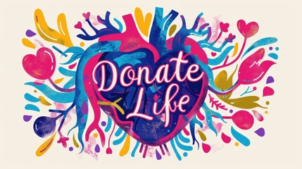 Vibrant Organ Donation Artwork. Artistic illustration featuring a large heart with "Donate Life" surrounded by colorful organ shapes, conveying the life-affirming message of organ donation