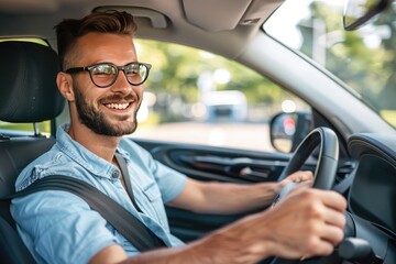 Handsome young man is driving a car and smiling driving a car with a clear view of the city through the window. showcasing safe driving with a seatbelt