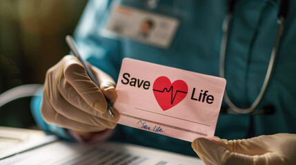 Pledge to Save a Life. A medical professional holds a card with a red heart and "Save a Life" sign, symbolizing the life-changing commitment of organ donation