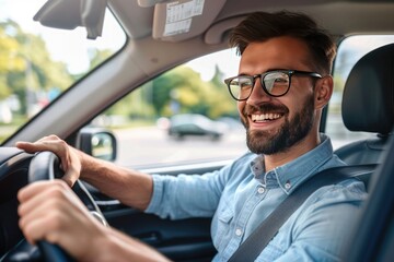 Handsome young man is driving a car and smiling driving a car with a clear view of the city through...