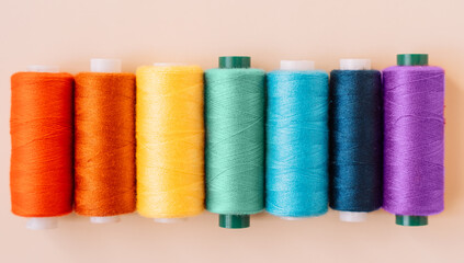 Close-up of colorful skeins of sewing thread.