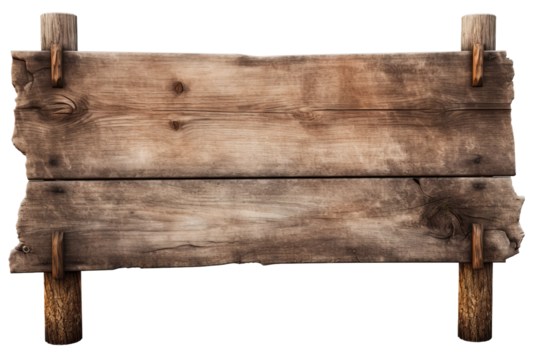 Wooden Sign With Two Poles. On a White or Clear Surface PNG Transparent Background.