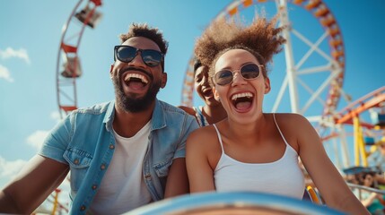 extreme fun types of entertainment in a theme park for people who love Adrenaline. happy beautiful black couple laughing. close up portrait of emotional people - Powered by Adobe
