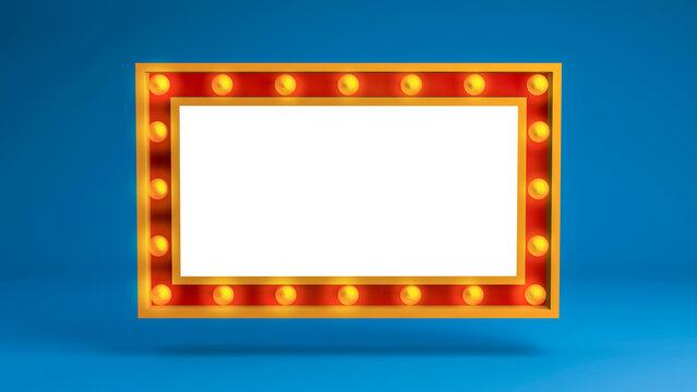 3D Rendering,Realistic frame mock-up with the yellow bulbs color on dark blue background,Empty space template for advertisement, theater theme concept.