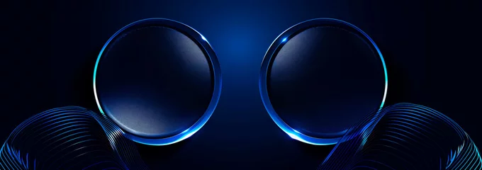 Poster Abstract spheres with symmetrical blue lighting on dark background. Wide wallpaper with copy space. © henjon