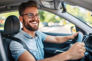 Handsome young man is driving a car and smiling driving a car with a clear view of the city through the window. showcasing safe driving with a seatbelt