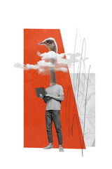 Vertical photo collage of headless absurd programmer stupid worker hold netbook fail ignore team...