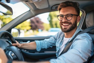 Handsome young man is driving a car and smiling driving a car with a clear view of the city through the window. showcasing safe driving with a seatbelt