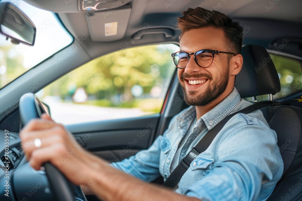 Wall mural handsome young man is driving a car and smiling driving a car with a clear view of the city through 