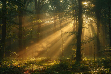 A mystical forest scene with sunlight filtering through the trees, casting enchanting shadows