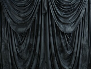 A picture of the stage curtains at the theater or cinema salon, closed and down, in the dark black color, realistic interior shade, AI Generated.