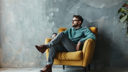 Stylish man enjoys calm moment in cozy armchair by light gray wall, epitomizing modern comfort and urban relaxation.