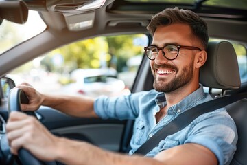 Handsome young man is driving a car and smiling driving a car with a clear view of the city through the window. showcasing safe driving with a seatbelt