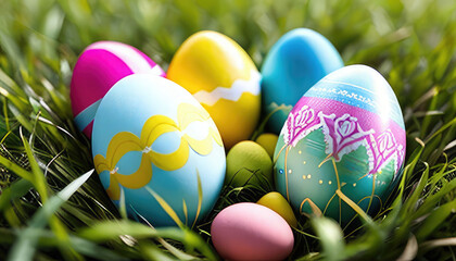 Fototapeta na wymiar Easter coloured decorated eggs on a green grass