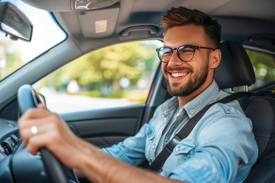Handsome young man is driving a car and smiling driving a car with a clear view of the city through the window. showcasing safe driving with a seatbelt
