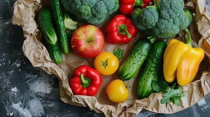 Organic vegetables broccoli cucumbers bell peppers apples in brown paper  ,Generative ai, 