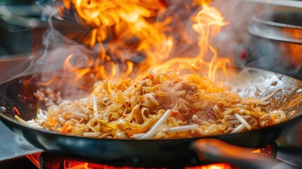 fried noodles cook in pan with big fire flame style. Pad Thai favorite and famous street fast food in hot pan.