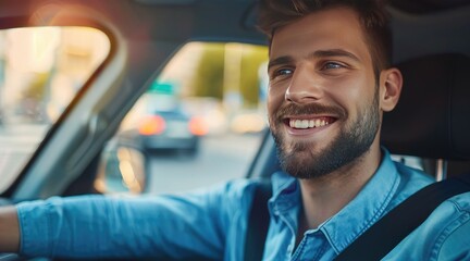 Obraz premium Handsome young man is driving a car and smiling driving a car with a clear view of the city through the window. showcasing safe driving with a seatbelt