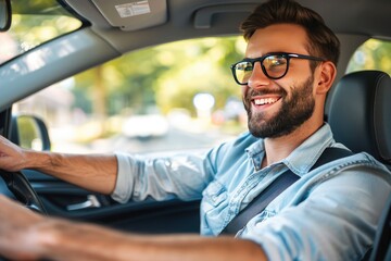 Handsome young man is driving a car and smiling driving a car with a clear view of the city through the window. showcasing safe driving with a seatbelt