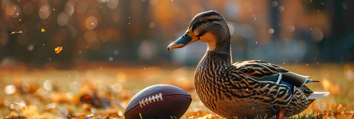 a Duck playing with football beautiful animal photography like living creature - obrazy, fototapety, plakaty