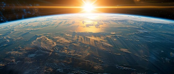 A panoramic view of the Earth from space, with the sun casting its warm glow over land and sea. The horizon is visible as it touches down on distant oceans and continents, creating an atmosphere of aw - obrazy, fototapety, plakaty