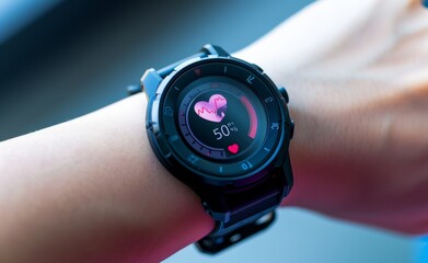 Smartwatch on a wrist, displaying a heart rate monitor and steps counter, emphasizing health and fitness tracking.
