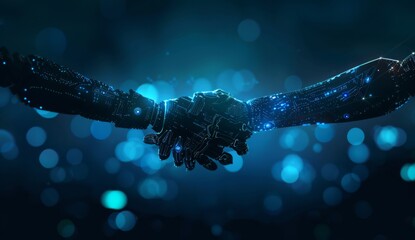 A digital handshake between two people, symbolizing the creation of an AI portrayal in business collaboration. The dark blue background has glowing lights and bokeh effects. In the style of a futurist
